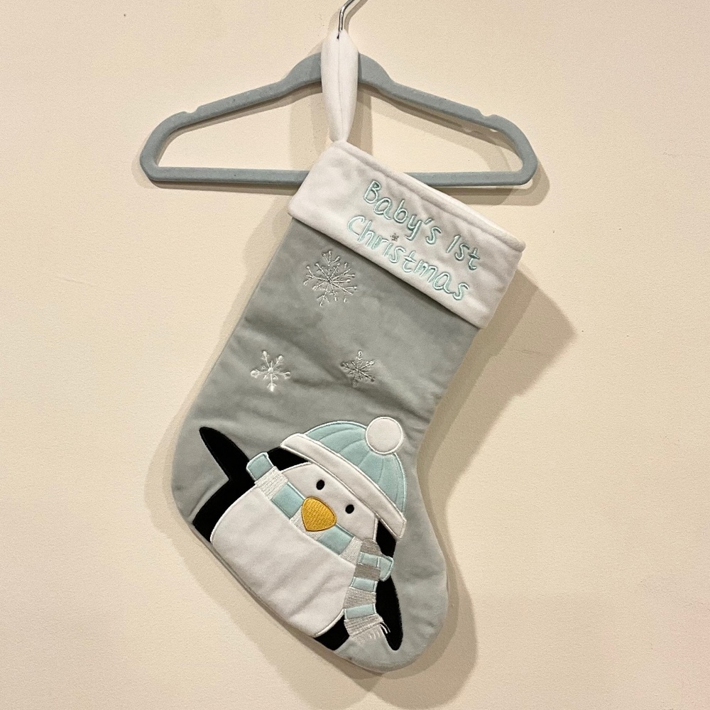 Baby’s 1st Christmas Stocking with penguin. Koala Baby. Light Gray